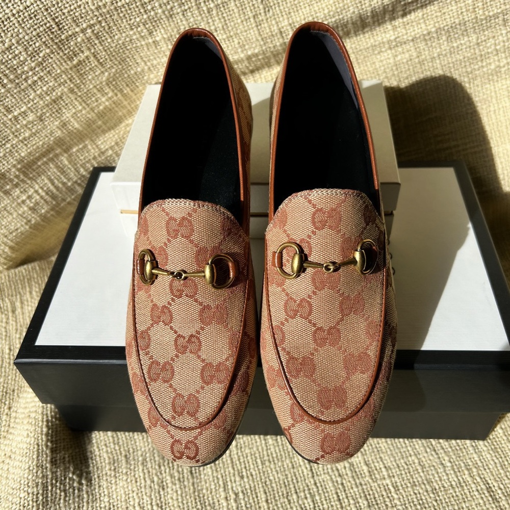 Brand NWT Gucci Authentic Jordaan Canvas GG Logo Horsebit Loafers